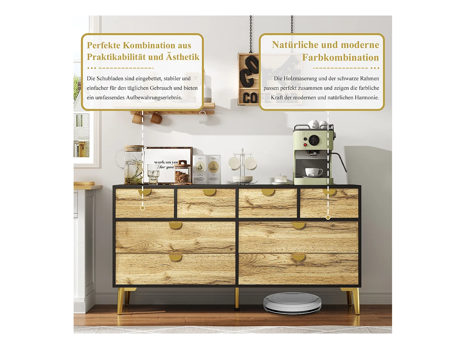 Buffet moderne 8 tiroirs, noir et bois, design minimaliste, MDF, poignées métalliques dorées, pieds métalliques (150x40x78 cm)