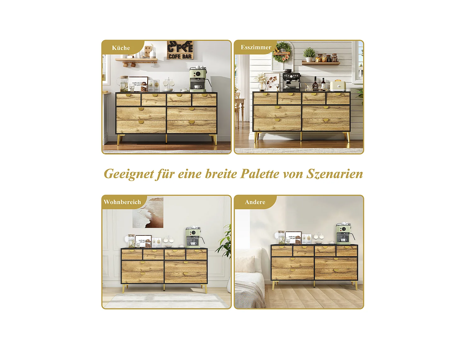 Buffet moderne 8 tiroirs, noir et bois, design minimaliste, MDF, poignées métalliques dorées, pieds métalliques (150x40x78 cm)