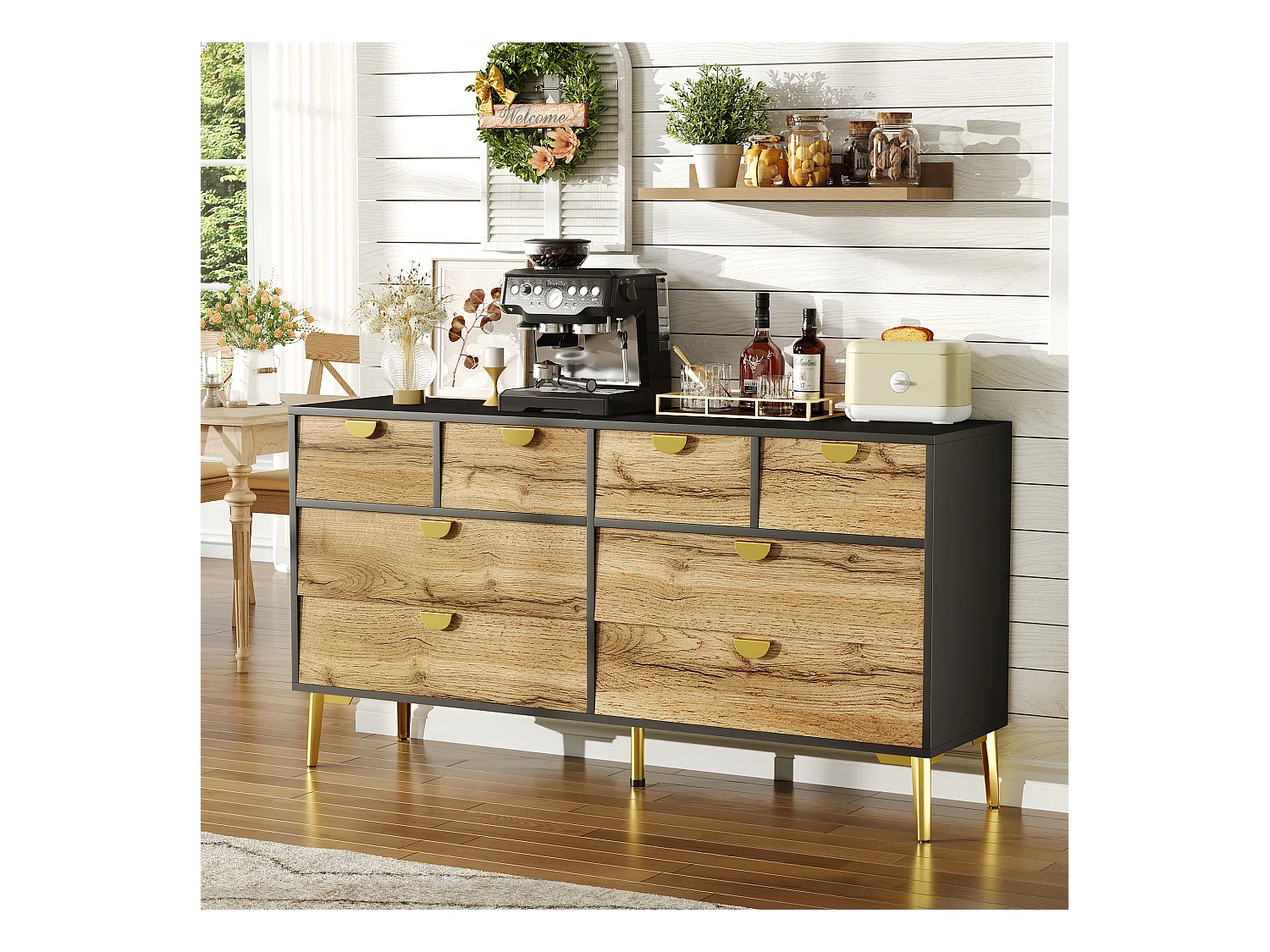 Buffet moderne 8 tiroirs, noir et bois, design minimaliste, MDF, poignées métalliques dorées, pieds métalliques (150x40x78 cm)