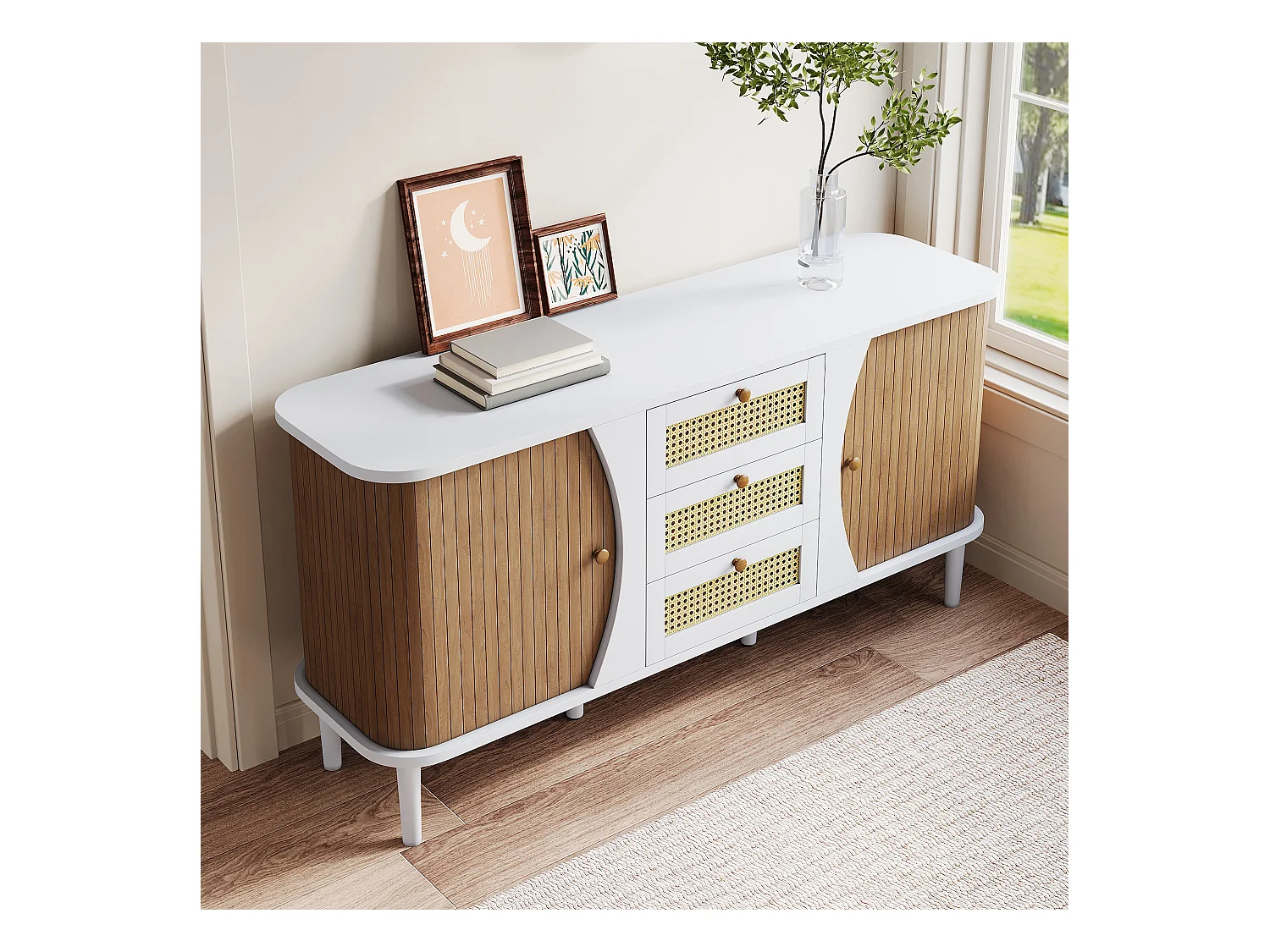 Rotan dressoir met schuifdeuren, verstelbare planken, afgerond bovenblad, wit en hout (140,5x40x76 cm)