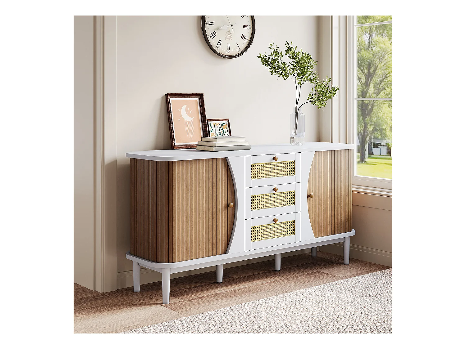 Rotan dressoir met schuifdeuren, verstelbare planken, afgerond bovenblad, wit en hout (140,5x40x76 cm)