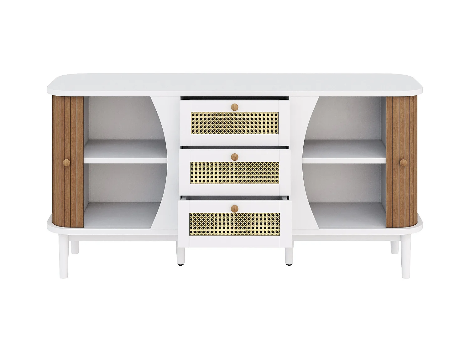 Rotan dressoir met schuifdeuren, verstelbare planken, afgerond bovenblad, wit en hout (140,5x40x76 cm)