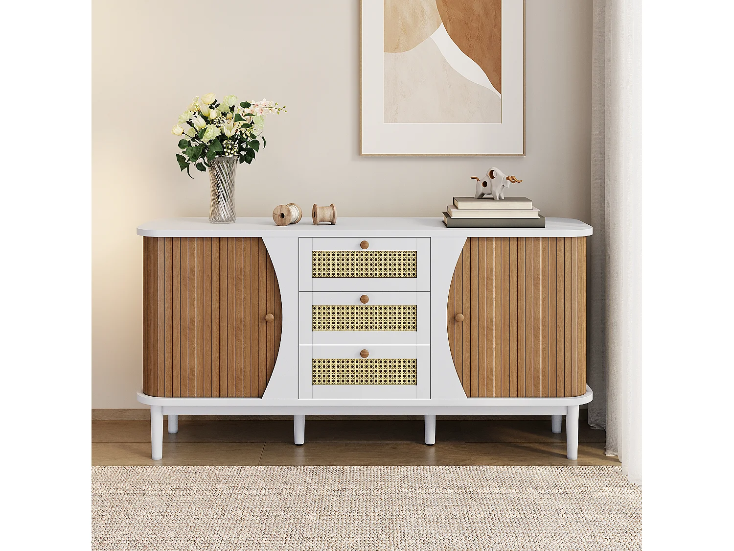 Rotan dressoir met schuifdeuren, verstelbare planken, afgerond bovenblad, wit en hout (140,5x40x76 cm)