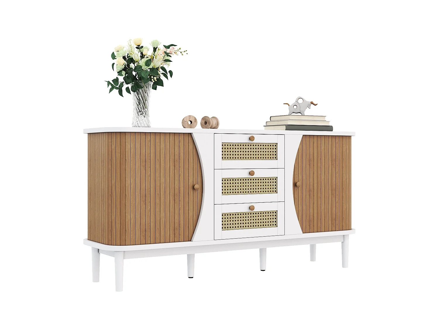 Buffet Rattan, avec portes coulissantes, étagères réglables, plan arrondi, blanc et bois (140.5x40x76 cm)