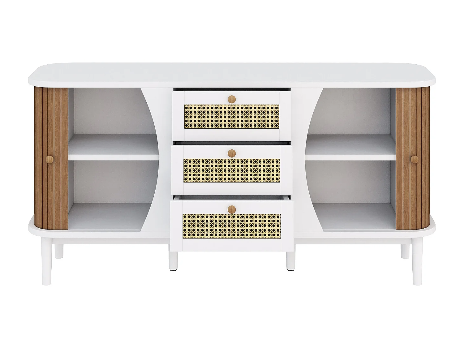 Rotan dressoir met schuifdeuren, verstelbare planken, afgerond bovenblad, wit en hout (140,5x40x76 cm)