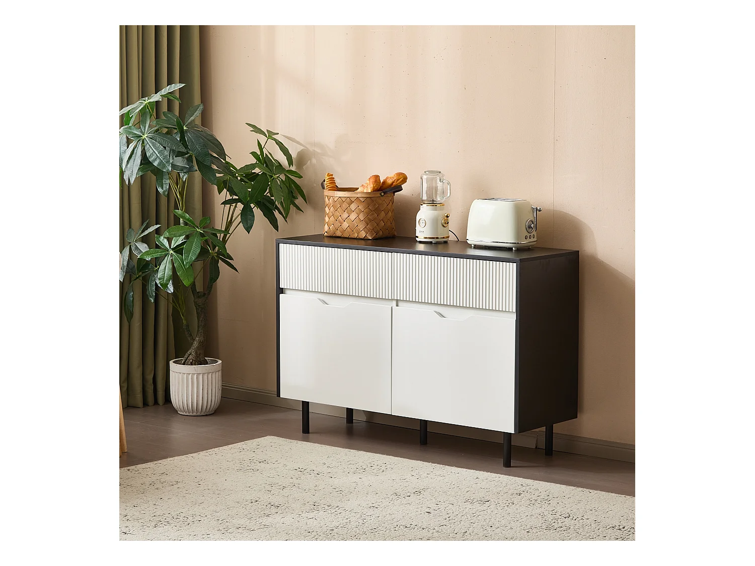 Armoire de rangement 120 cm avec 3 tiroirs, design noir et blanc, MDF, étagères réglables (120x40x80 cm)