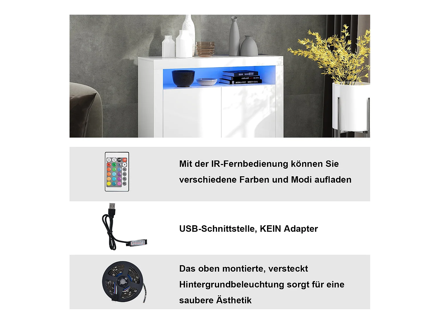 Dressoir met LED-verlichting, multifunctionele opbergruimte, MDF, wit (108x40x92 cm)