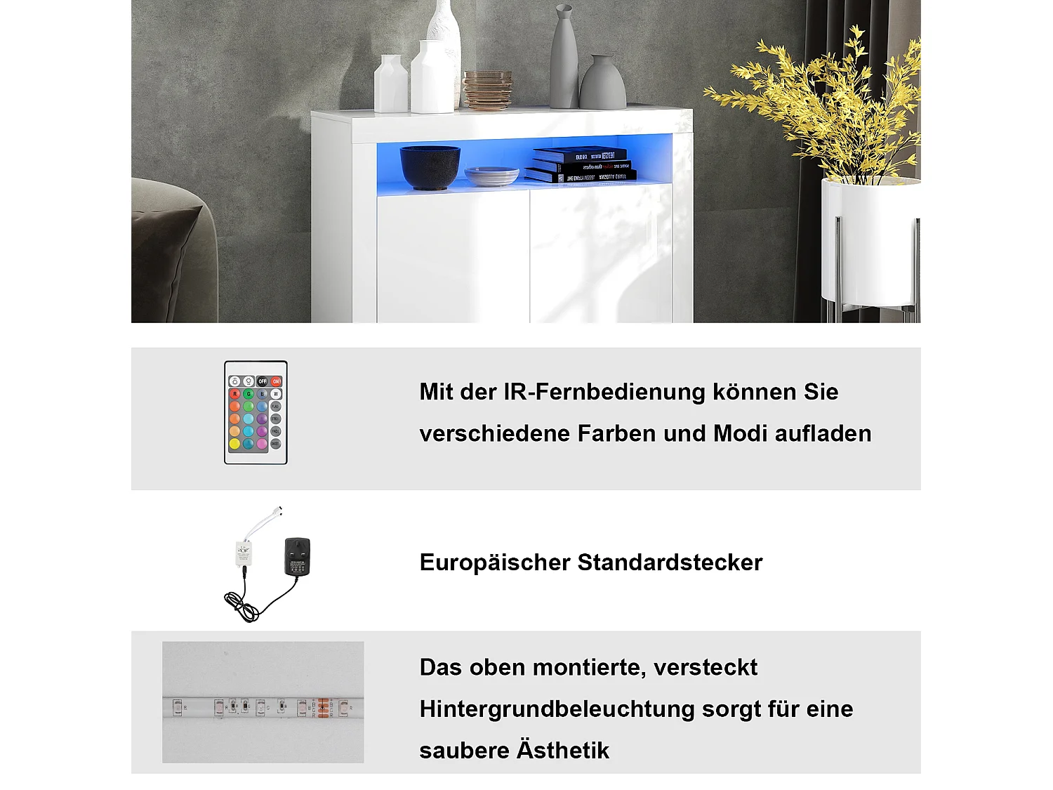 Dressoir met LED-verlichting, multifunctionele opbergruimte, MDF, wit (108x40x92 cm)