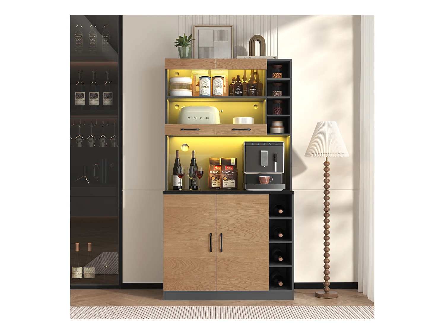 Buffet avec LED, 2 x USB, 2 x prises, 3 tiroirs, 100x40x187 cm, rangement pratique pour cuisine et salle à manger