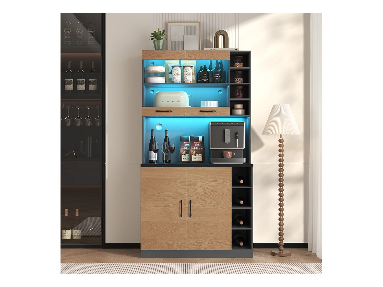 Buffet avec LED, 2 x USB, 2 x prises, 3 tiroirs, 100x40x187 cm, rangement pratique pour cuisine et salle à manger