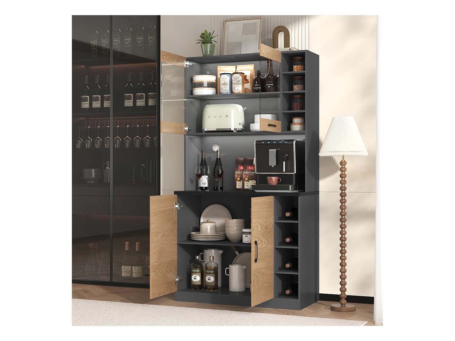 Buffet avec LED, 2 x USB, 2 x prises, 3 tiroirs, 100x40x187 cm, rangement pratique pour cuisine et salle à manger