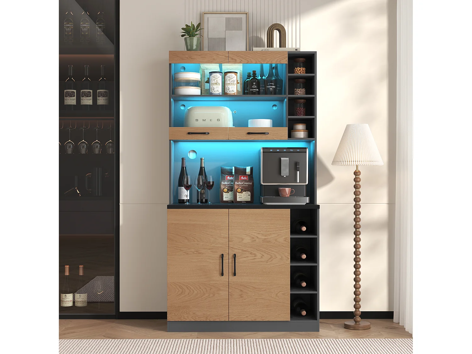 Dressoir met LED, 2 x USB, 2 x stopcontacten, 3 lades, 100x40x187 cm, praktische opbergruimte voor keuken en eetkamer