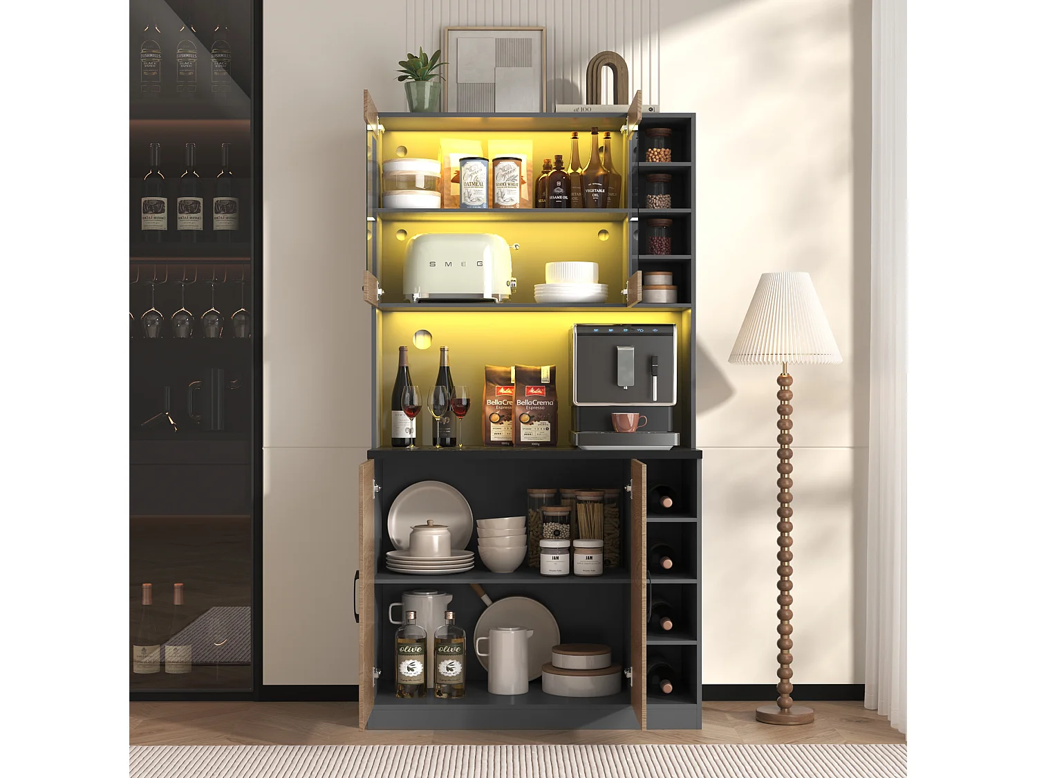 Dressoir met LED, 2 x USB, 2 x stopcontacten, 3 lades, 100x40x187 cm, praktische opbergruimte voor keuken en eetkamer