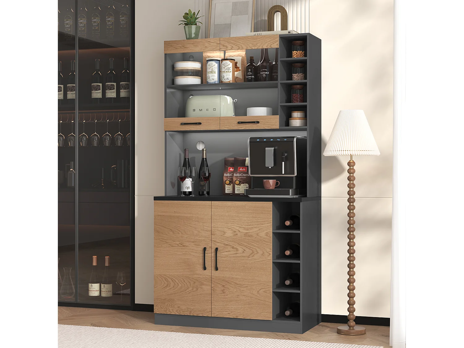 Dressoir met LED, 2 x USB, 2 x stopcontacten, 3 lades, 100x40x187 cm, praktische opbergruimte voor keuken en eetkamer