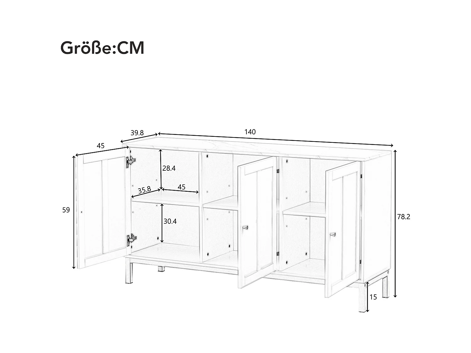 Buffet élégant à 3 portes, MDF, avec plateau en marbre, blanc (140x39.8x80 cm)