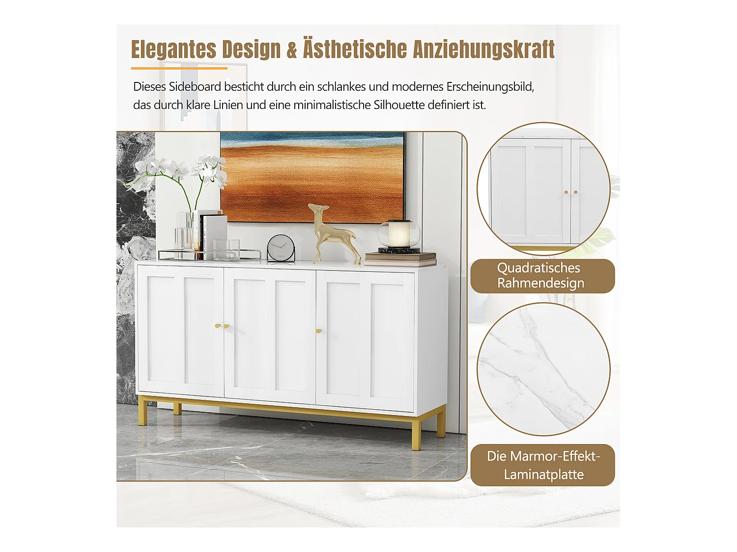 Buffet élégant à 3 portes, MDF, avec plateau en marbre, blanc (140x39.8x80 cm)