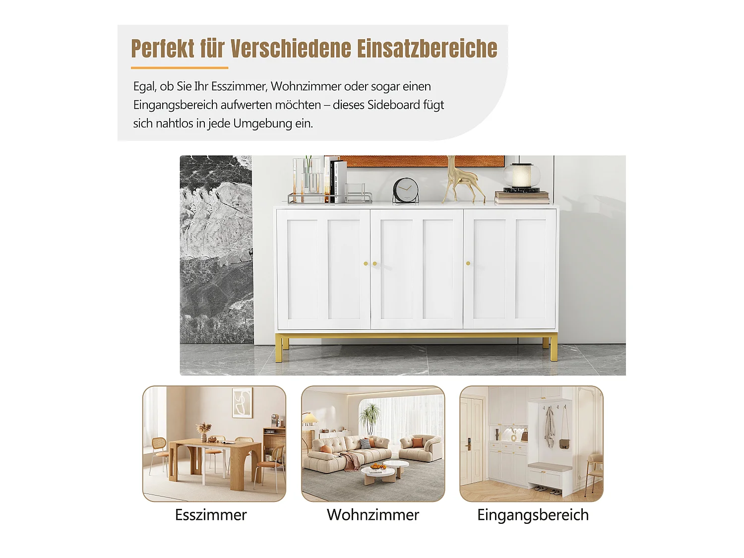 Buffet élégant à 3 portes, MDF, avec plateau en marbre, blanc (140x39.8x80 cm)