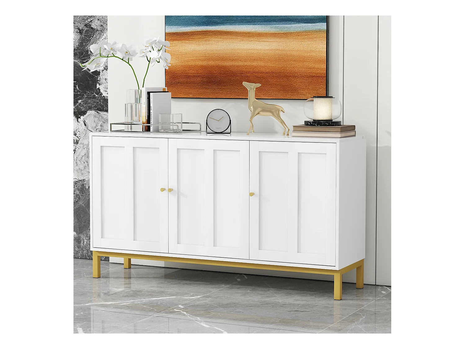 Buffet élégant à 3 portes, MDF, avec plateau en marbre, blanc (140x39.8x80 cm)