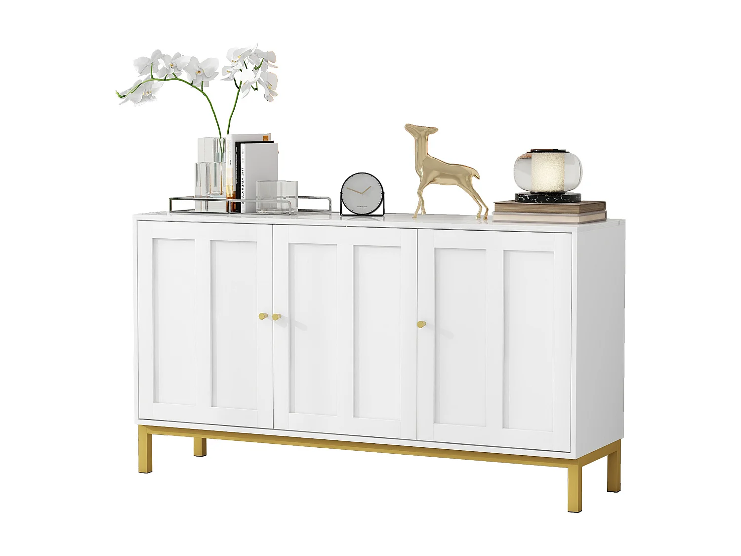 Buffet élégant à 3 portes, MDF, avec plateau en marbre, blanc (140x39.8x80 cm)