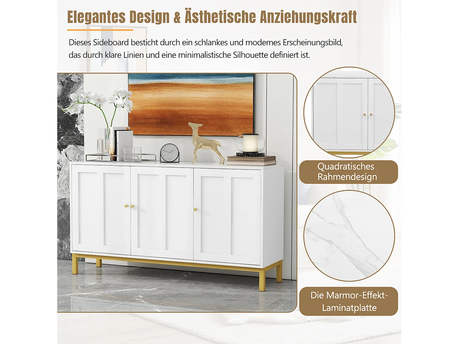 Buffet élégant à 3 portes, MDF, avec plateau en marbre, blanc (140x39.8x80 cm)