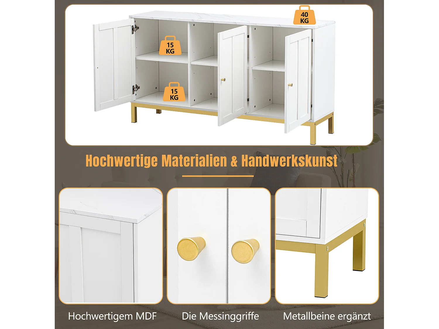 Buffet élégant à 3 portes, MDF, avec plateau en marbre, blanc (140x39.8x80 cm)