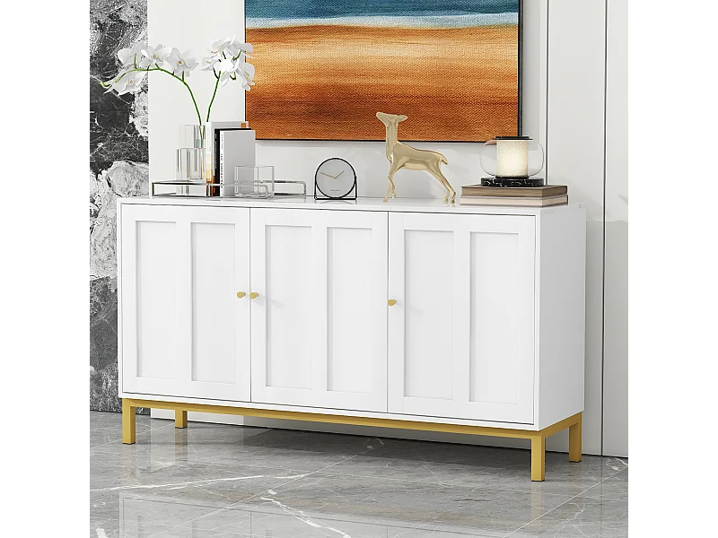 Buffet élégant à 3 portes, MDF, avec plateau en marbre, blanc (140x39.8x80 cm)