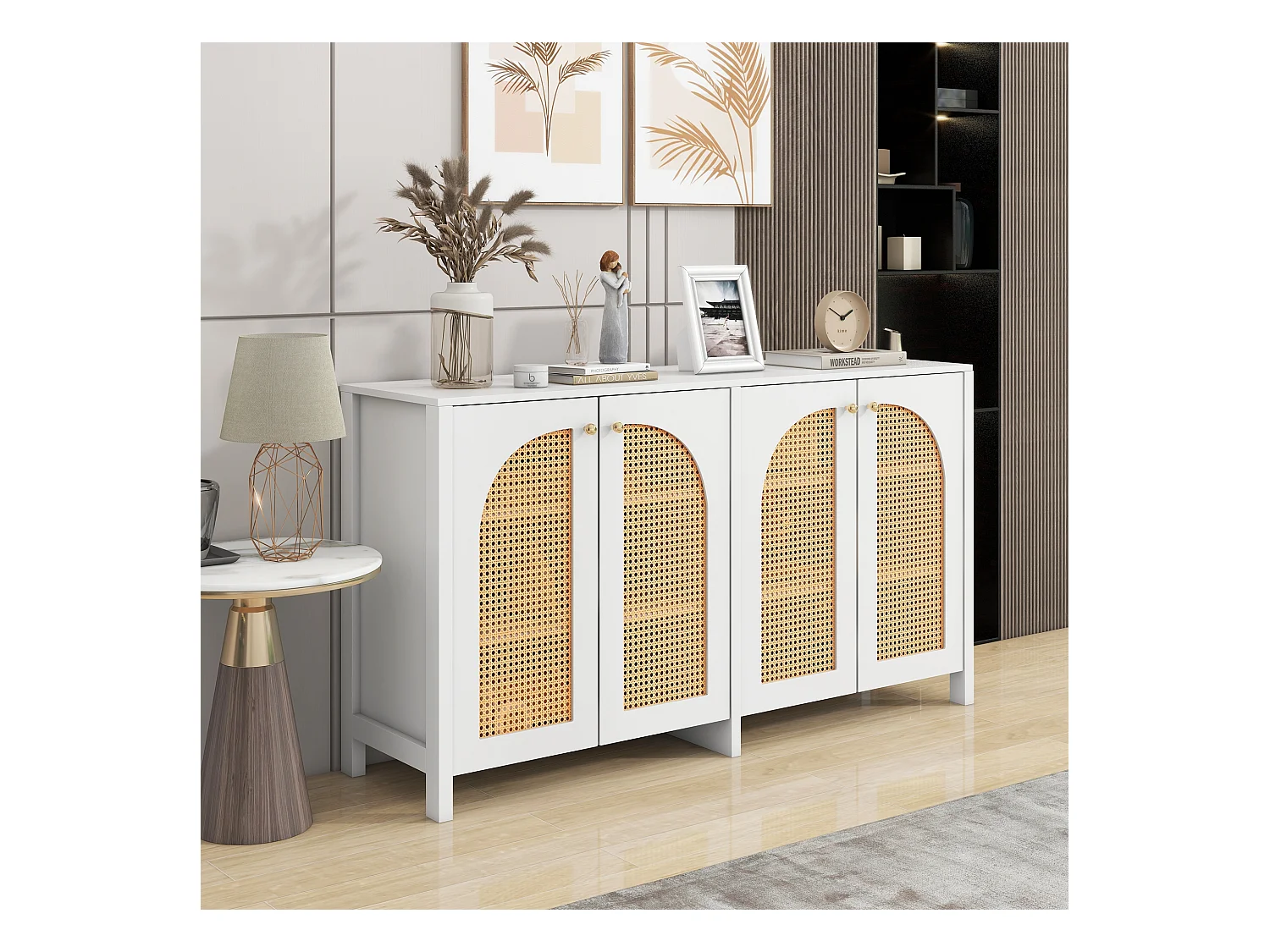 Buffet moderne à 4 portes, design épuré, MDF, blanc (145x80x40 cm)