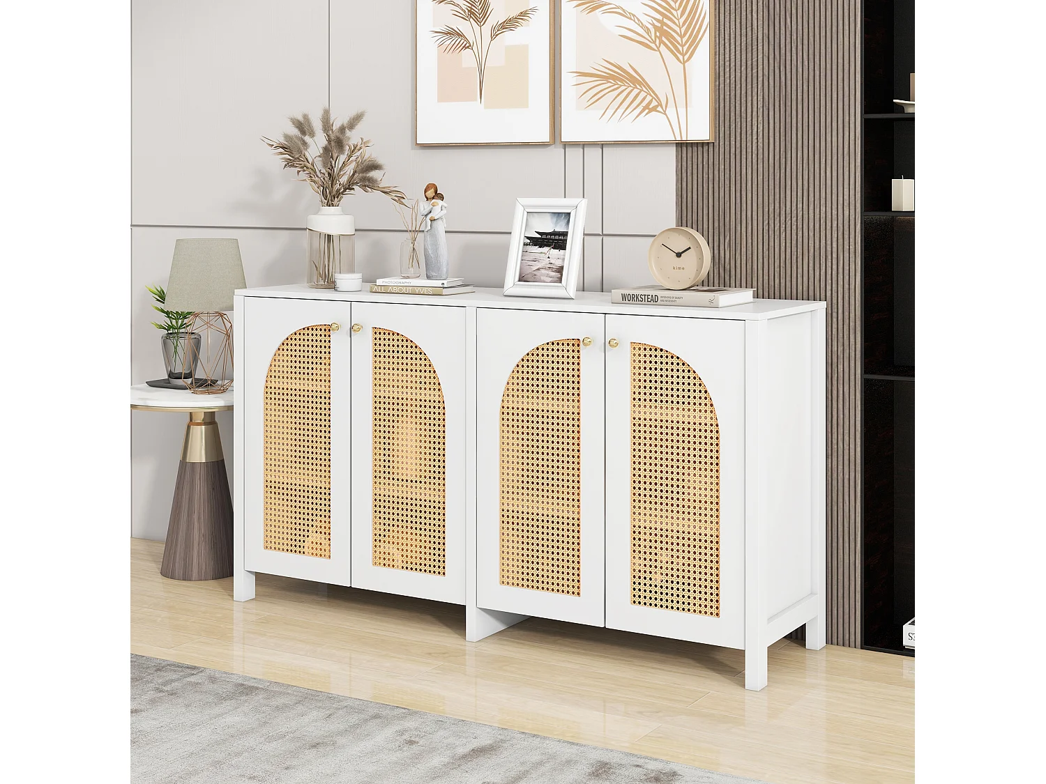 Credenza moderna a 4 ante, design elegante, MDF, bianco (145x80x40 cm)