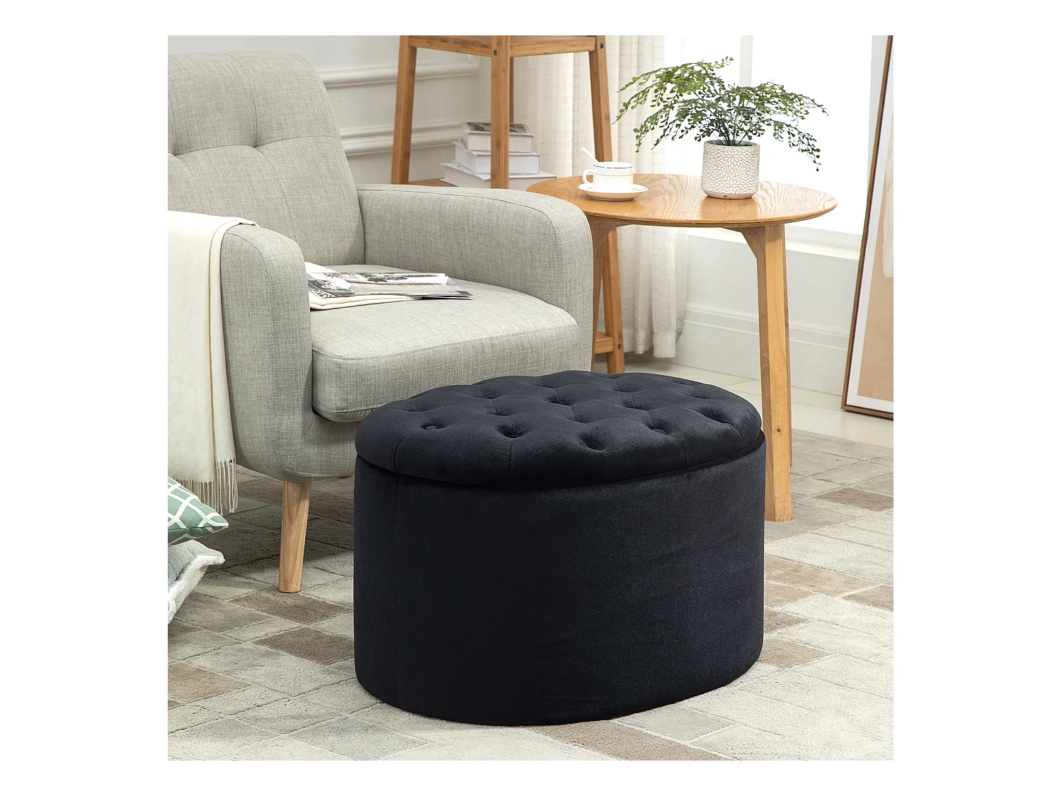 Ovale opbergpoef, modern design, fluweelzacht polyester, zwart, met geheim vak (71x52x42cm)