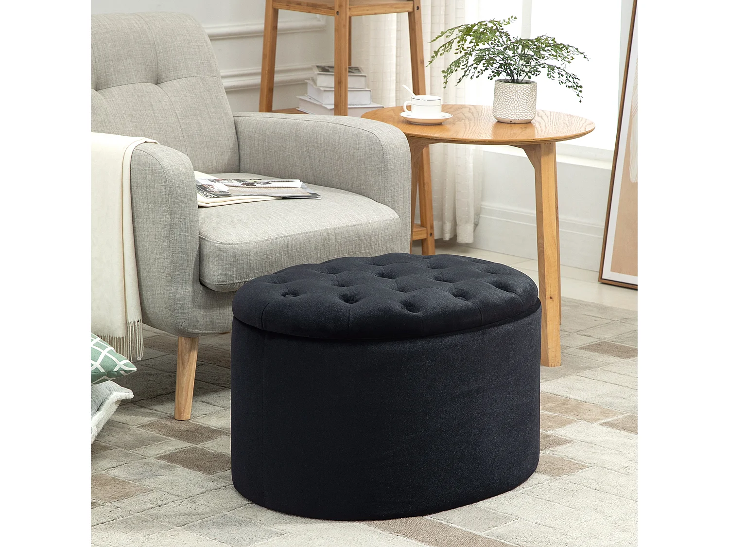 Pouf de rangement ovale, design moderne, polyester velouté, noir, avec compartiment secret (71x52x42cm)