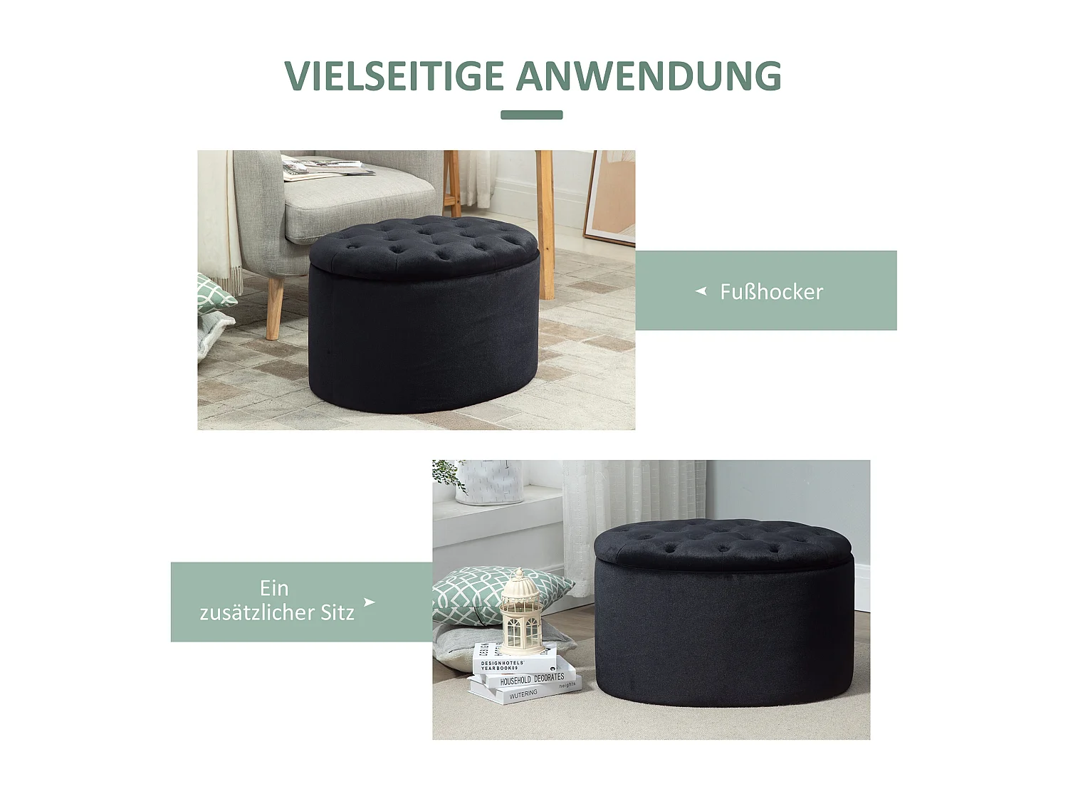 Pouf de rangement ovale, design moderne, polyester velouté, noir, avec compartiment secret (71x52x42cm)