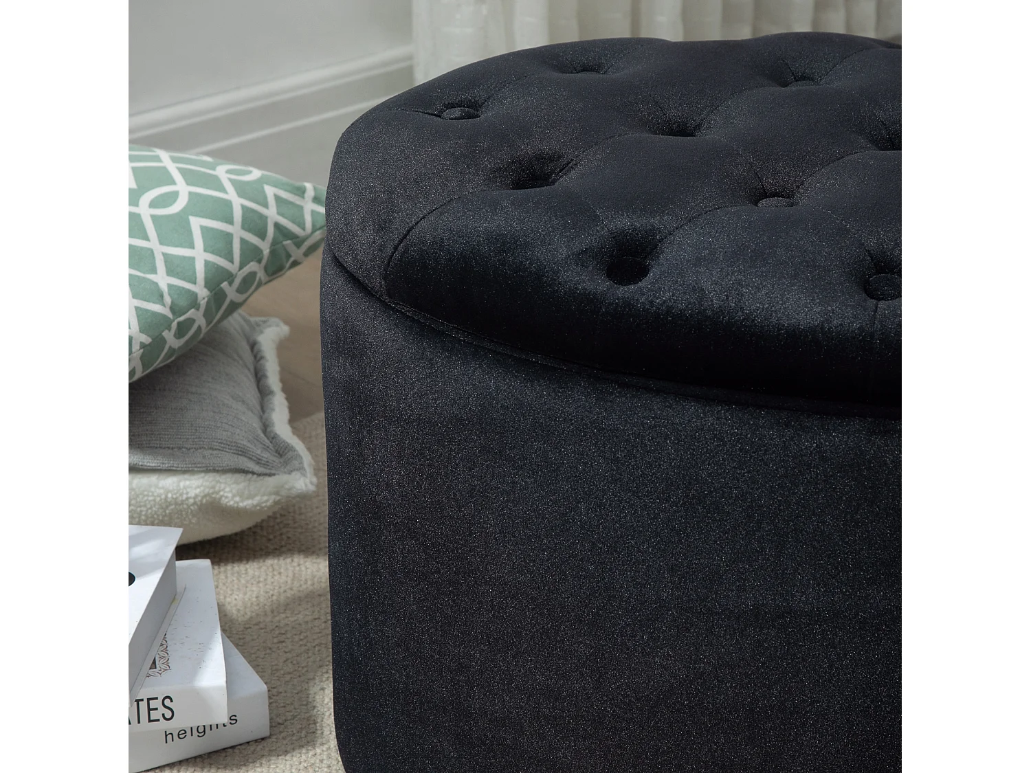 Pouf de rangement ovale, design moderne, polyester velouté, noir, avec compartiment secret (71x52x42cm)