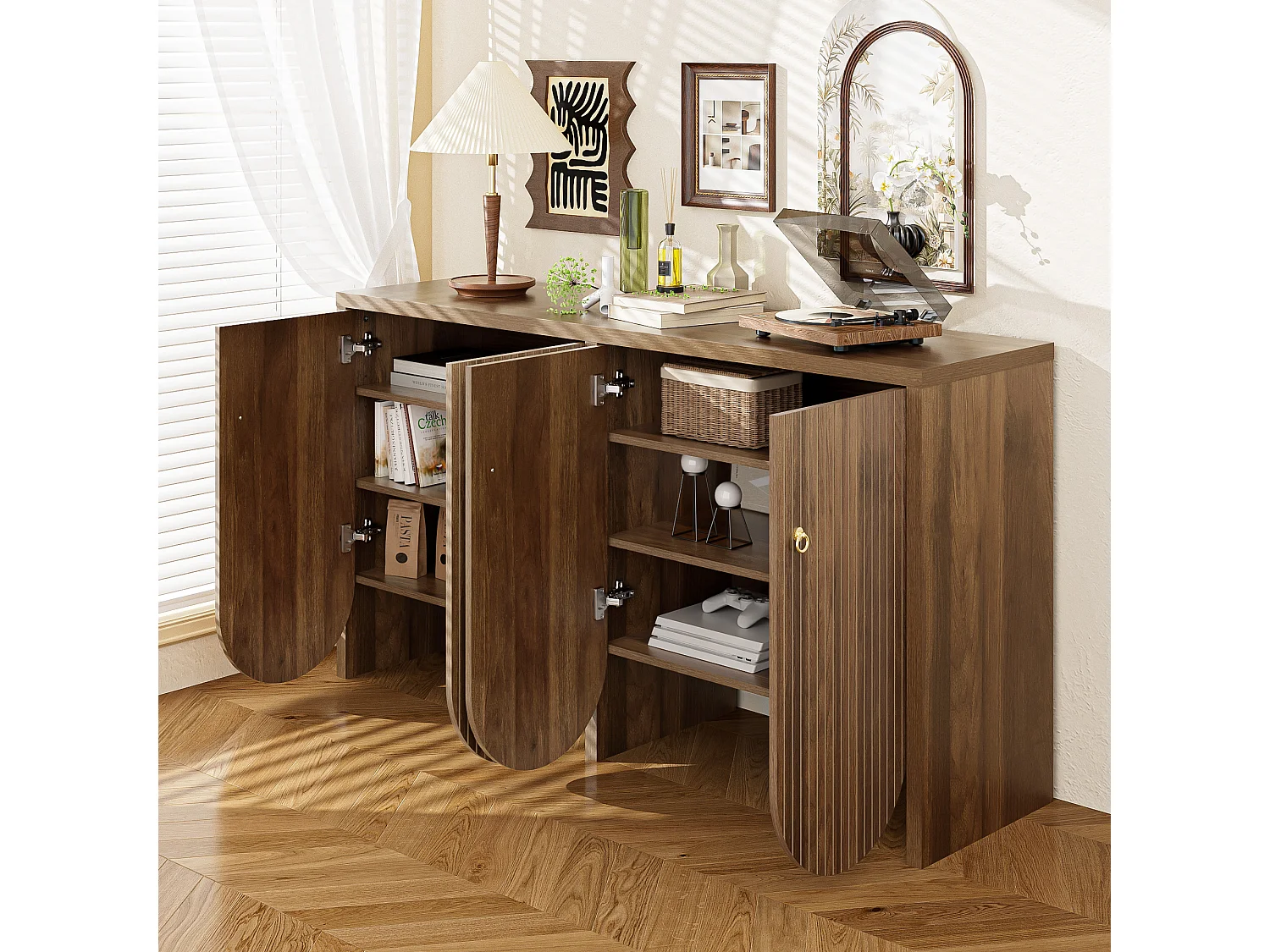 Buffet moderne en bois de noyer, avec 4 portes et étagères réglables, MDF, (147x40x80 cm)