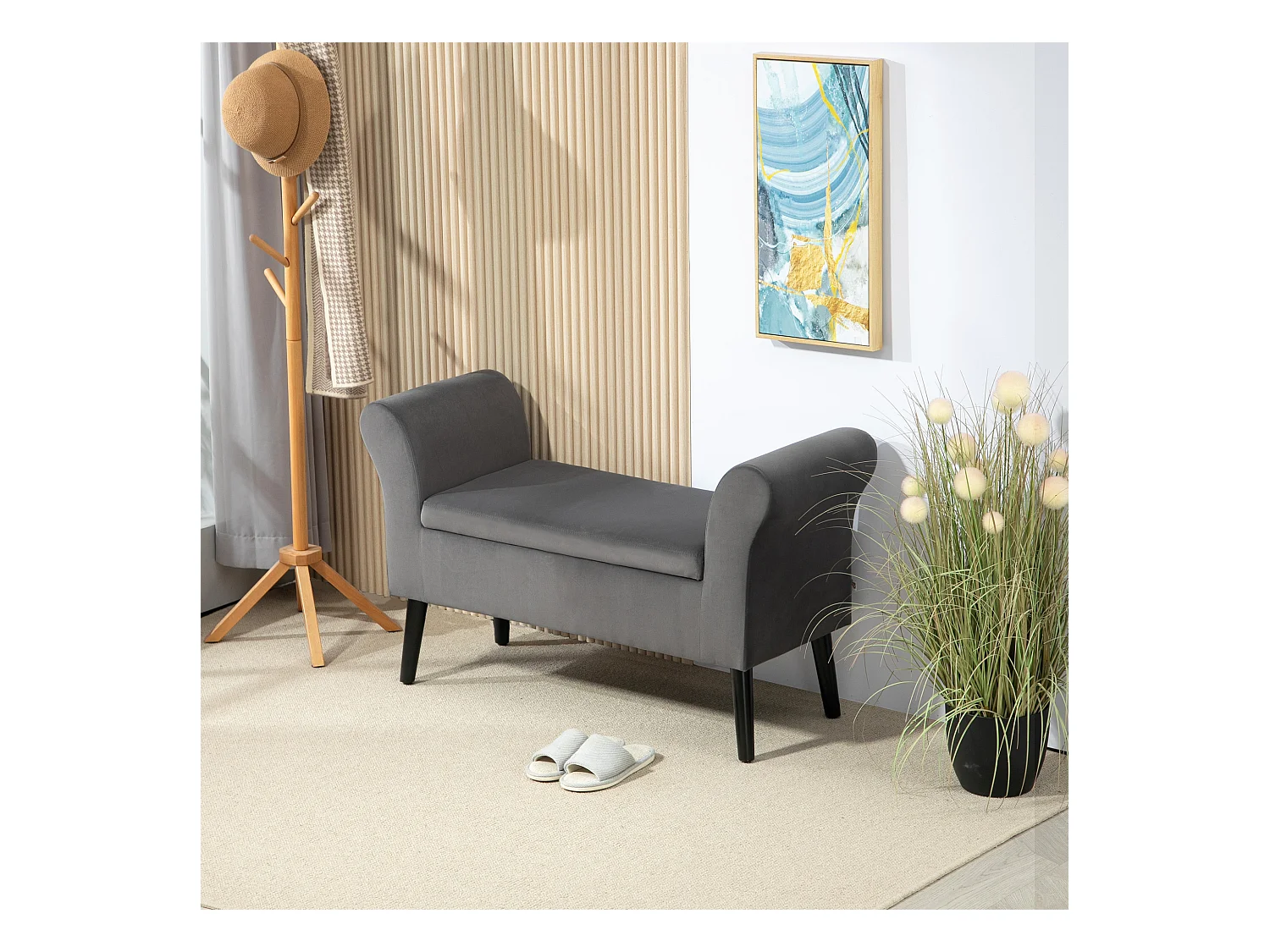 Banc avec rangement, assise rembourrée, polyester, gris foncé, avec accoudoirs (111.5x41x65 cm)