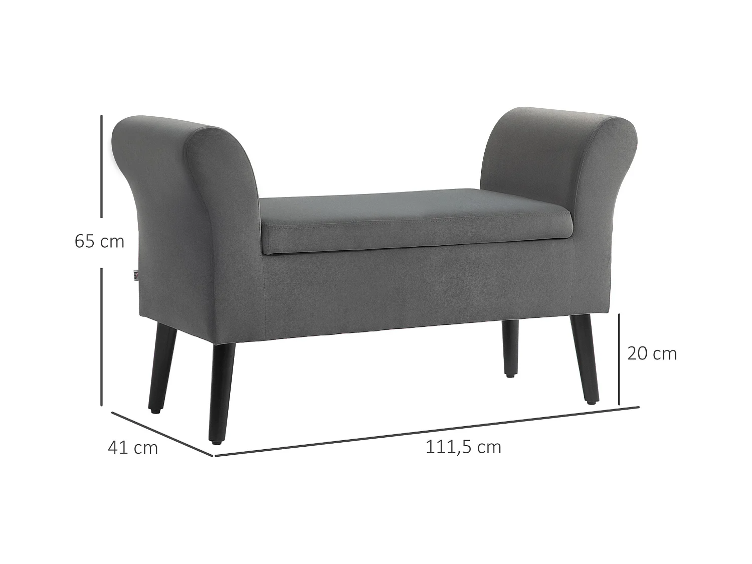 Banc avec rangement, assise rembourrée, polyester, gris foncé, avec accoudoirs (111.5x41x65 cm)