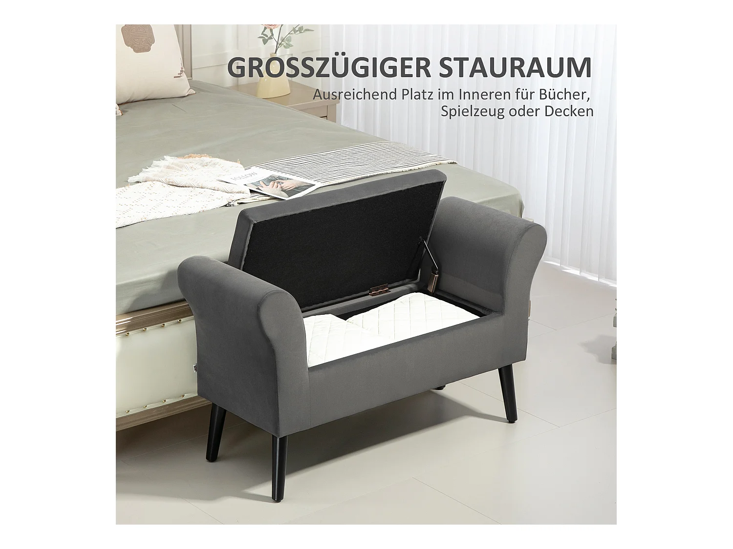 Banc avec rangement, assise rembourrée, polyester, gris foncé, avec accoudoirs (111.5x41x65 cm)