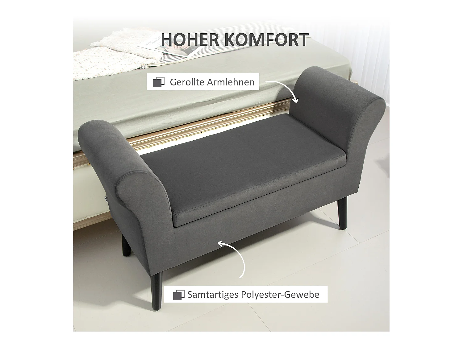 Banc avec rangement, assise rembourrée, polyester, gris foncé, avec accoudoirs (111.5x41x65 cm)