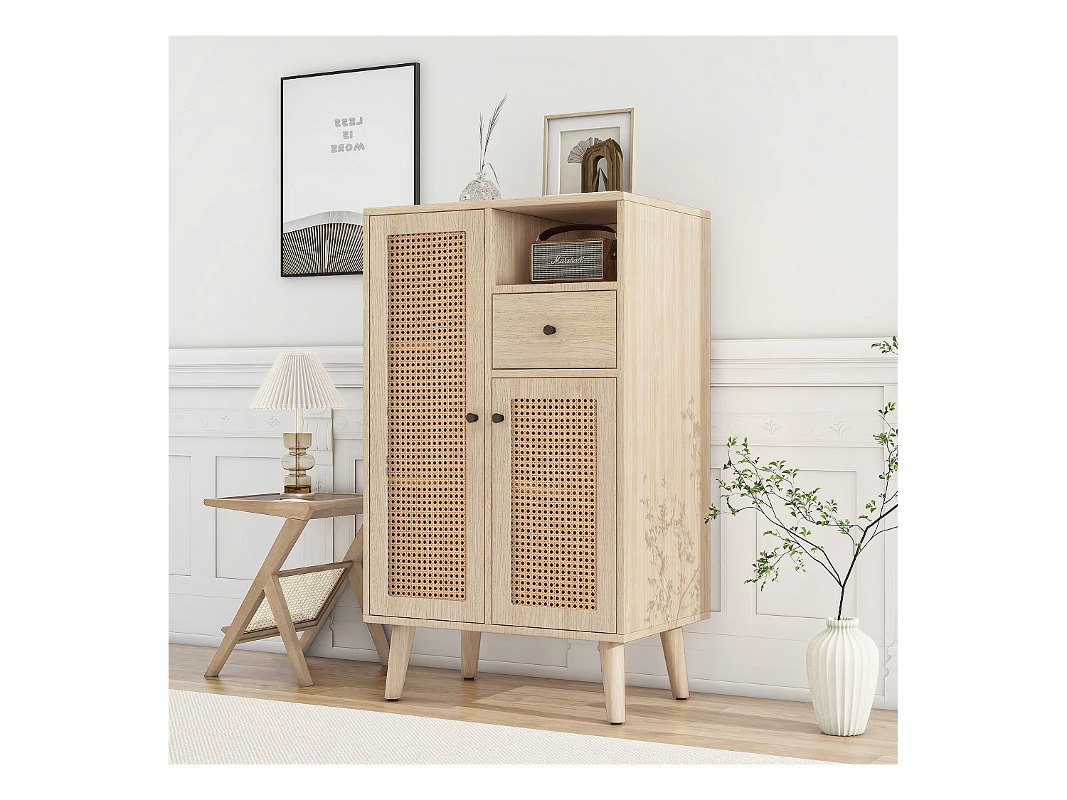 Buffet en bois, 2 portes en rotin, 1 tiroir, grand espace de rangement, pour salon et entrée (60x40x101 cm)