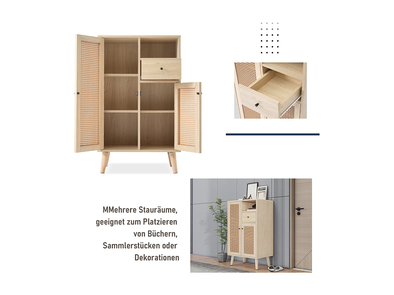 Buffet en bois, 2 portes en rotin, 1 tiroir, grand espace de rangement, pour salon et entrée (60x40x101 cm)