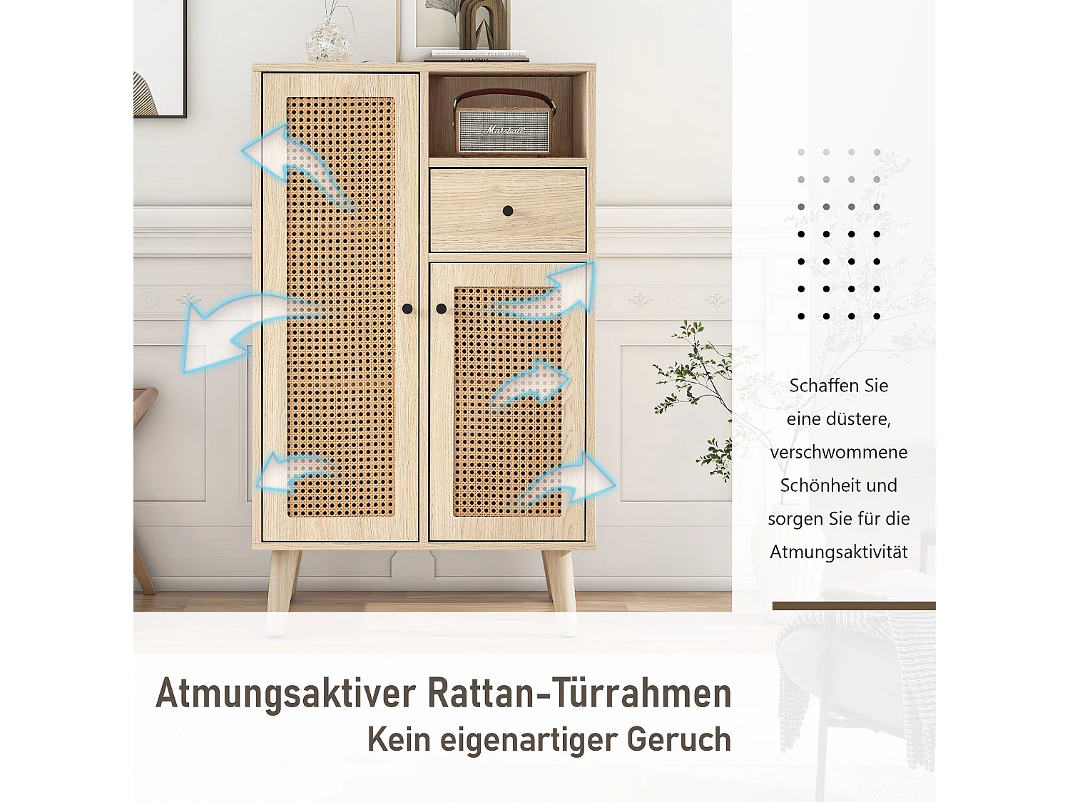 Buffet en bois, 2 portes en rotin, 1 tiroir, grand espace de rangement, pour salon et entrée (60x40x101 cm)