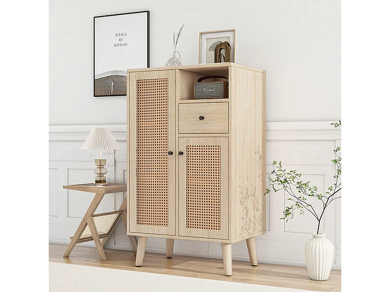 Houten dressoir, 2 rotandeuren, 1 lade, veel opbergruimte, voor woonkamer en hal (60x40x101 cm)