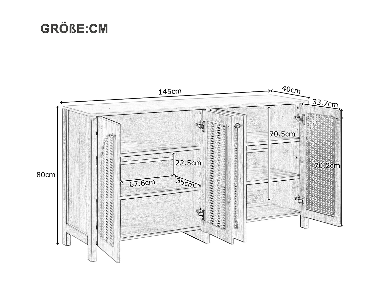 Modern 4-deurs dressoir, strak design, MDF, zwart (145x80x40 cm)