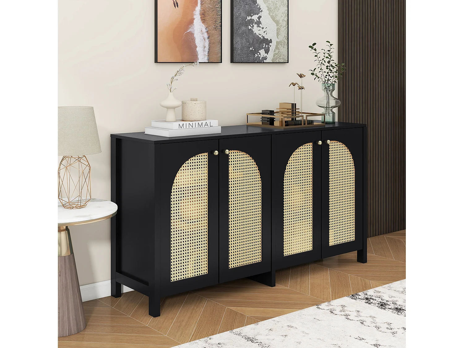 Buffet moderne à 4 portes, design épuré, MDF, noir (145x80x40 cm)