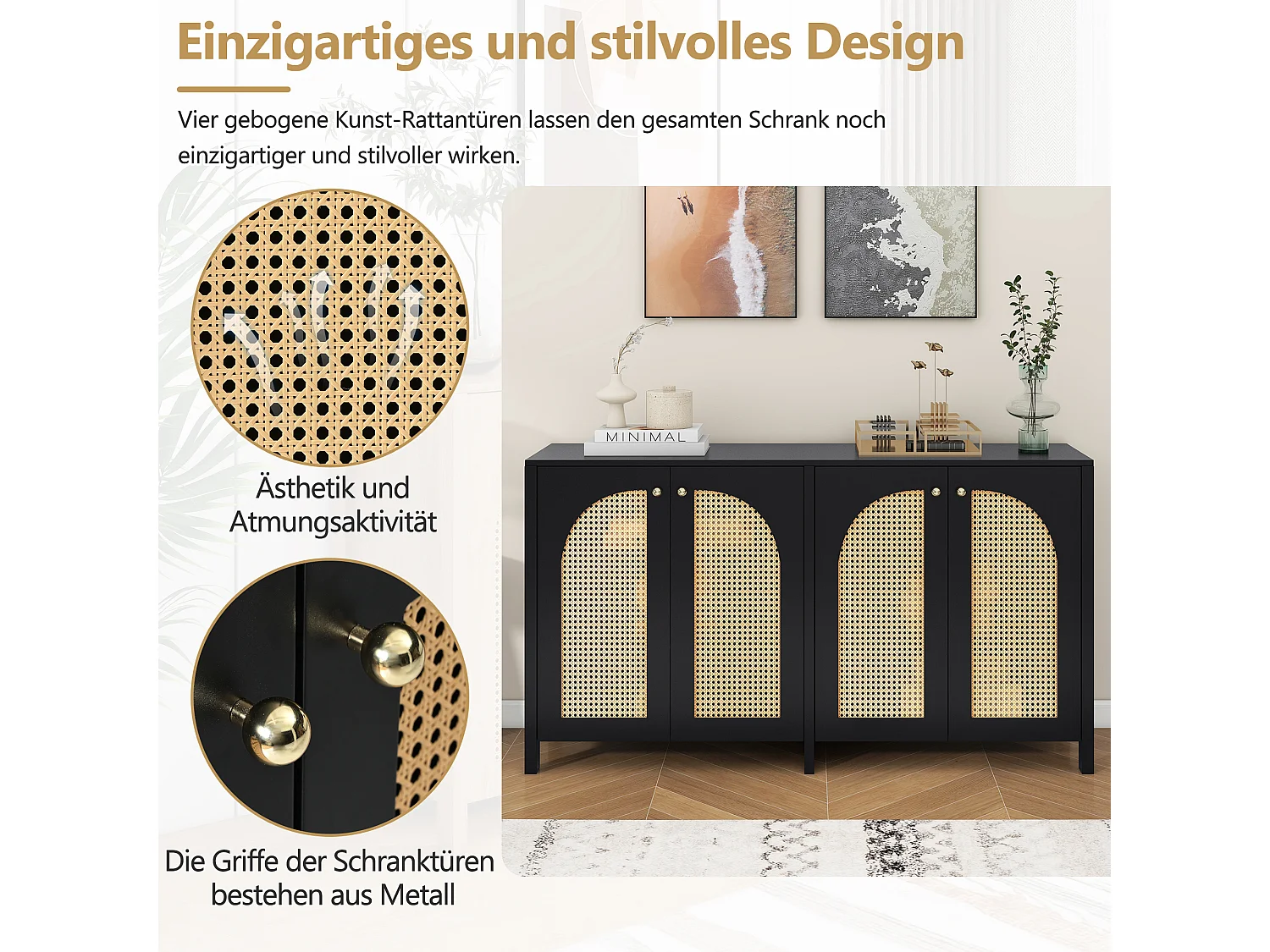 Buffet moderne à 4 portes, design épuré, MDF, noir (145x80x40 cm)