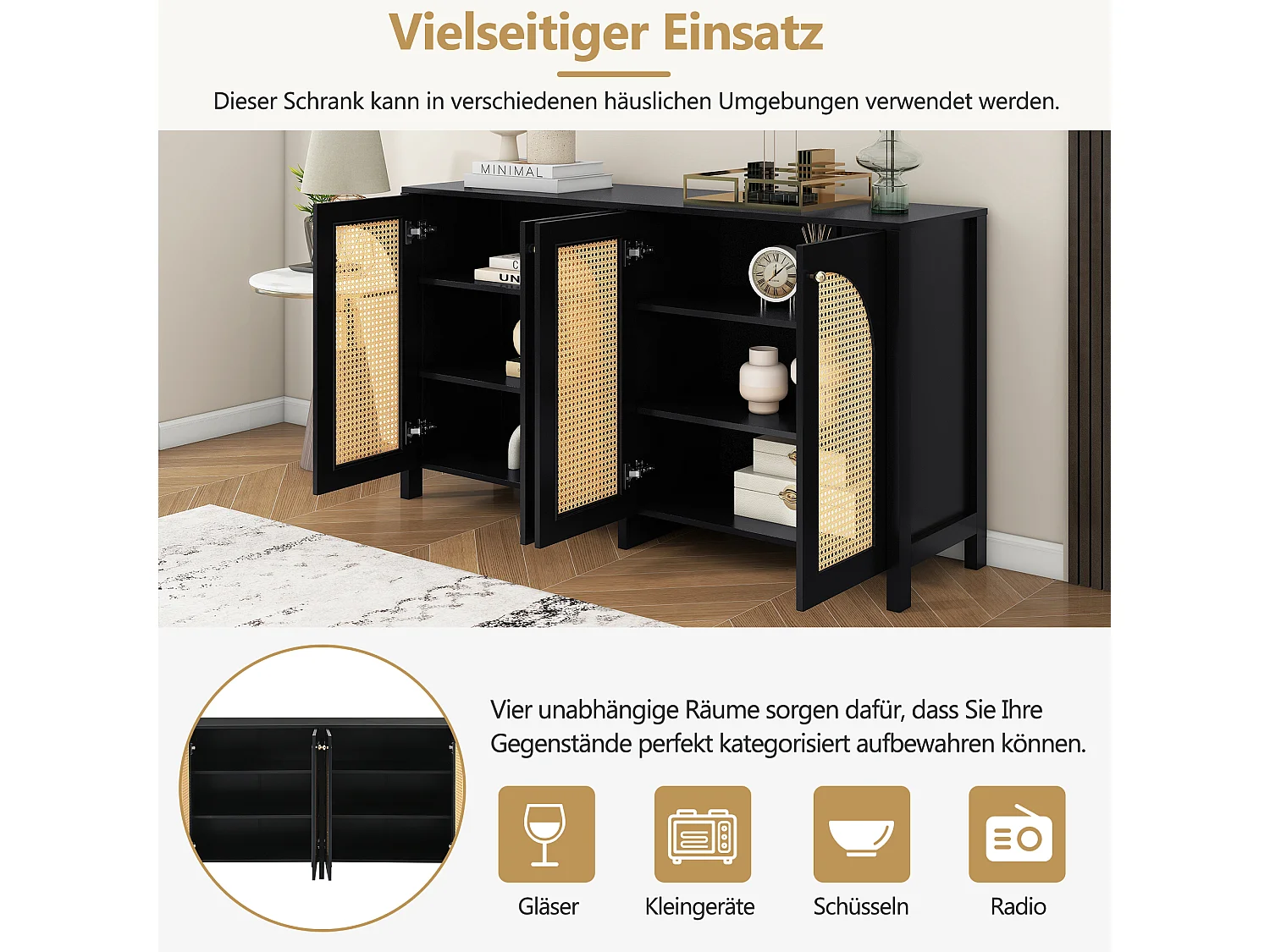 Buffet moderne à 4 portes, design épuré, MDF, noir (145x80x40 cm)