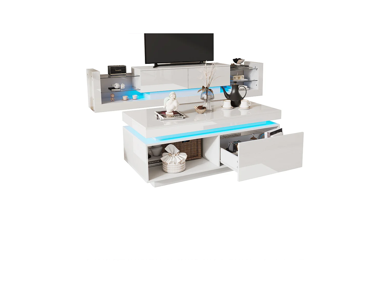 Buffet moderne avec 6 tiroirs, LED et plateau en verre trempé, design laqué blanc (140x35x70 cm)