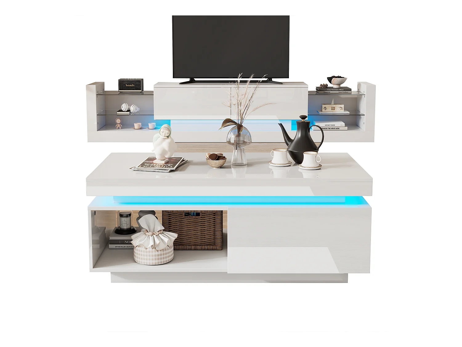 Buffet moderne avec 6 tiroirs, LED et plateau en verre trempé, design laqué blanc (140x35x70 cm)