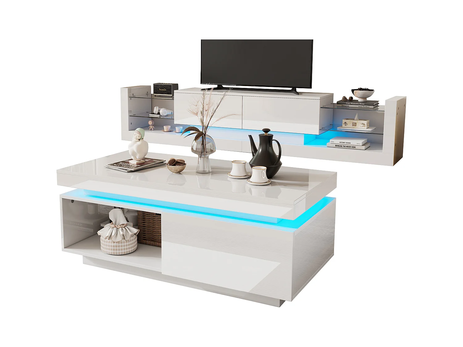 Buffet moderne avec 6 tiroirs, LED et plateau en verre trempé, design laqué blanc (140x35x70 cm)