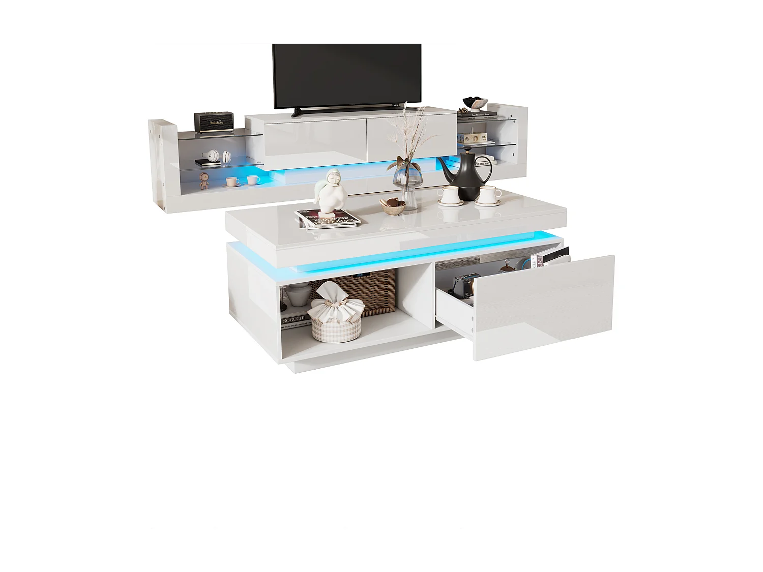 Credenza moderna con 6 cassetti, LED e piano in vetro temperato, design laccato bianco (140x35x70 cm)