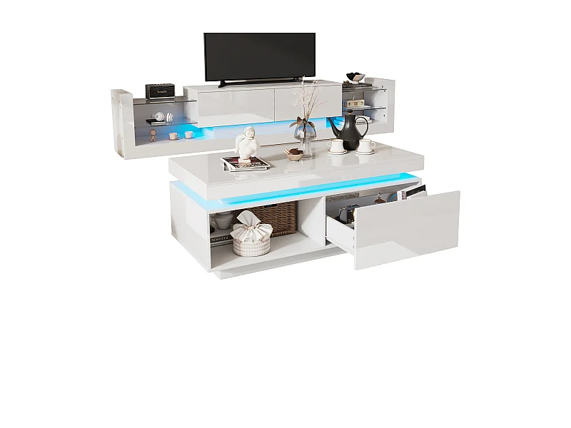 Aparador moderno con 6 cajones, LED y tapa de cristal templado, diseño lacado en blanco (140x35x70 cm)